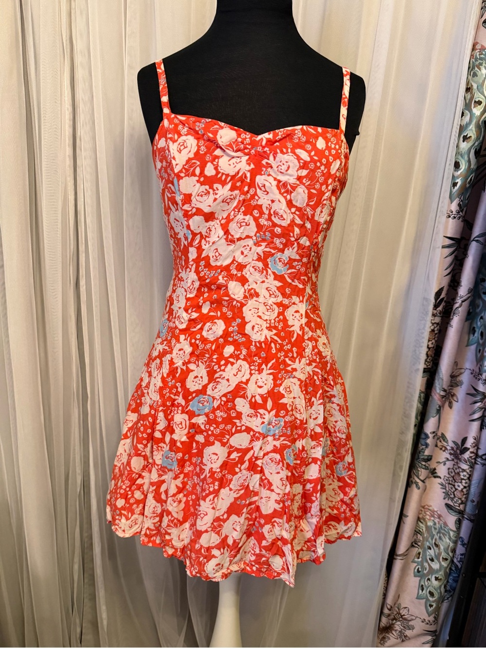Free People Red Floral Mini Dress with White Accents